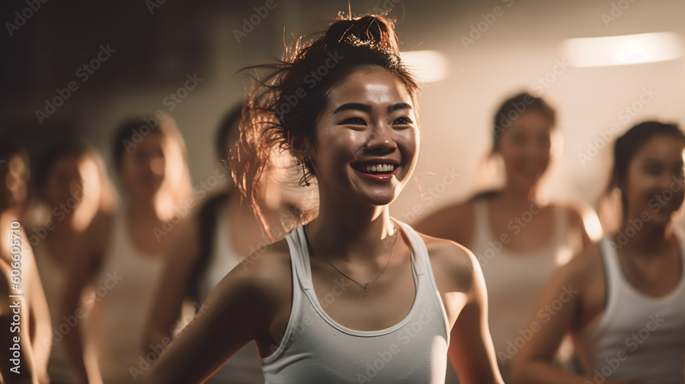 スポーツジムでエアロビクス・ダンス・ワークアウトする女性のグループ（Generative AI）
