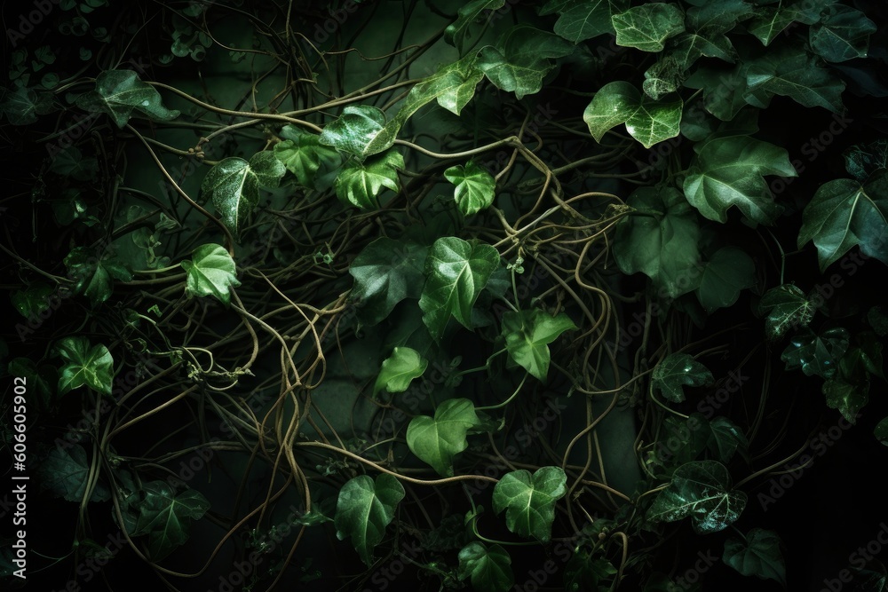 Twisted vines and leaves with rich green hues. Generative ai Twisted vines and leaves with rich green hues. Generative ai