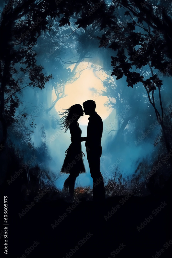 Kissing Couple in the Moonlight Spotlight. AI generative Kissing Couple in the Moonlight Spotlight. AI generative