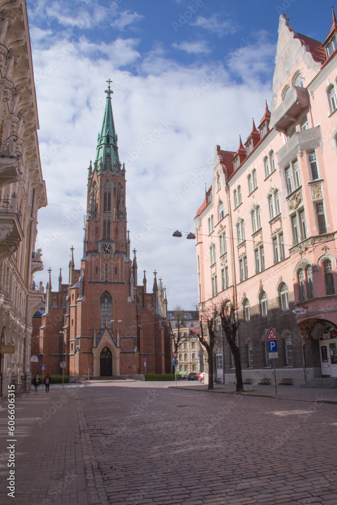 Church of St. Gertrude on the streets of Riga, Latvia on a sunny day