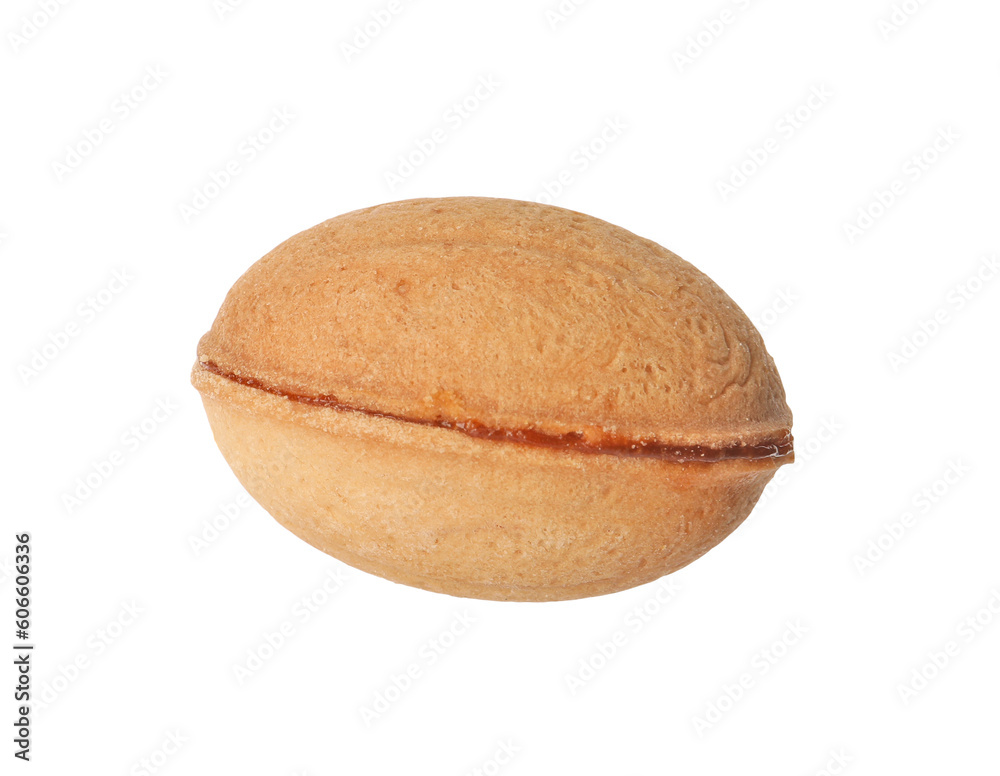 Delicious nut shaped cookie with boiled condensed milk isolated on white Delicious nut shaped cookie with boiled condensed milk isolated on white