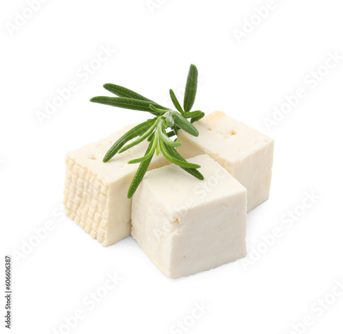 Delicious tofu cheese and rosemary isolated on white