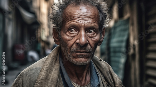 スラム街に住む浮浪者・ホームレス・物乞いの高齢者男性 © buritora