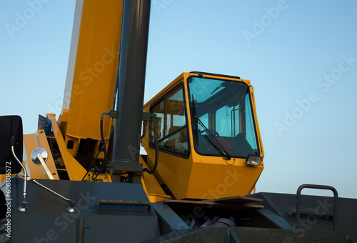 construction crane cabin industrial hydraulic equipment heavy powerful machine close up detail
