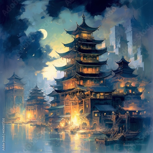 Watercolor illustration of a Chinese city surrounded by clouds Generative Ai