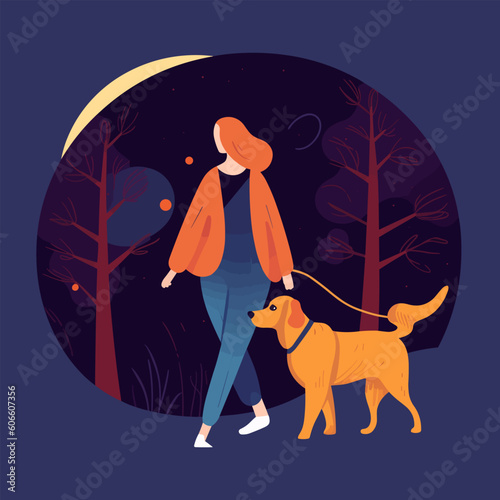 girl walking dog melancholy vector illustration
