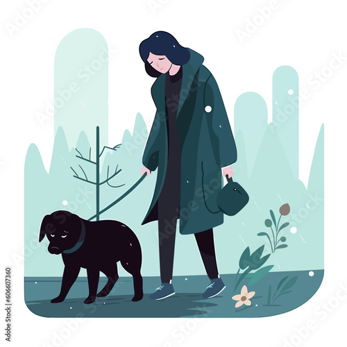 girl walking dog melancholy vector illustration
