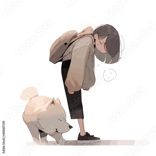 girl walking dog melancholy vector illustration
