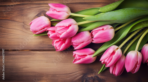 Bouquet of pink tulips flowers on vintage wooden background. Created with Generative AI technology.