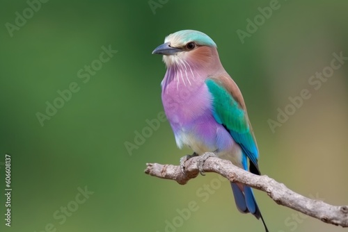 Lilac brested roller Coracias caudatus sitting on a branch, Generative ai