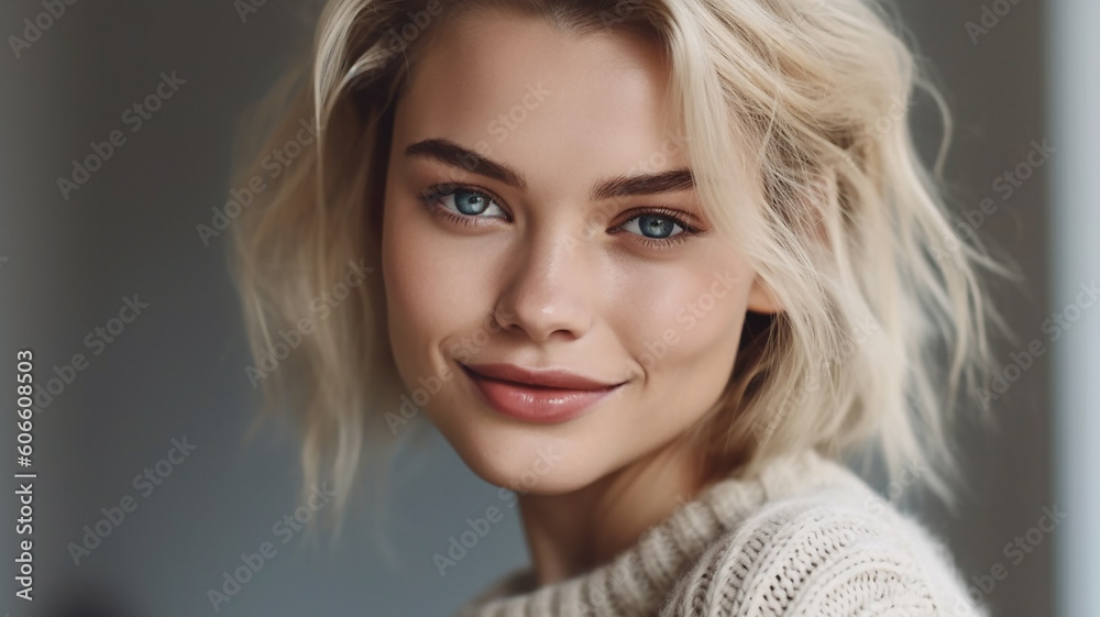 セーターを着たブロンド・金髪の美しい白人女性（10代〜20代）
