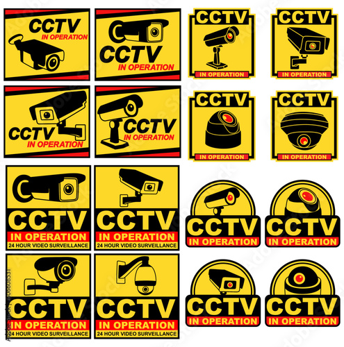 Set Collections Labels Sign CCTV In operation. Security camera sticker design vector illustration