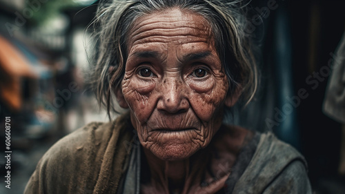 スラム街に住む浮浪者・ホームレス・物乞いの高齢者女性（Generative AI）  © buritora