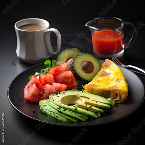 some food on a plate with a cup of coffee in the background and an avocal, tomatoes, cus, bread. Generative Ai photo