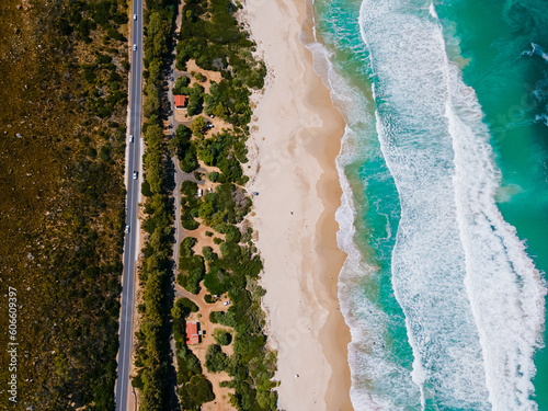 Kogelbay Beach Western Cape South Africa, Kogelbay Rugged Coast Line with spectacular mountains. Garden route. Drone aerial view