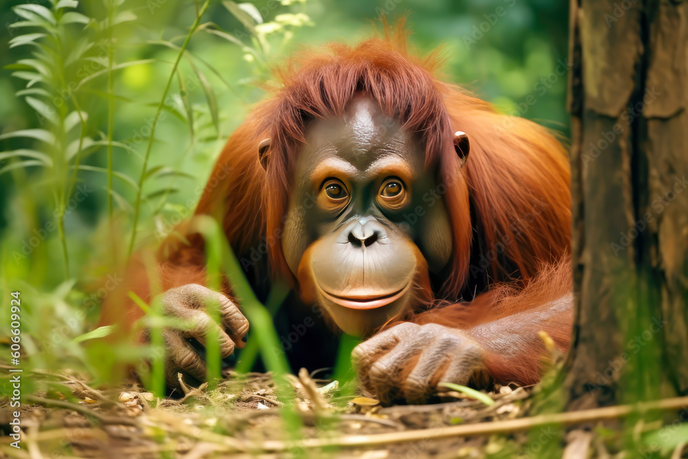 Obraz premium A red-haired chimpanzee is in the forest looking ahead, Generative AI