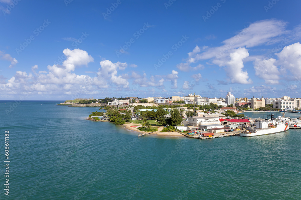 Scenic views of Puerto Rico from luxury cruise ship on Caribbean vacation in Puerto Rico.