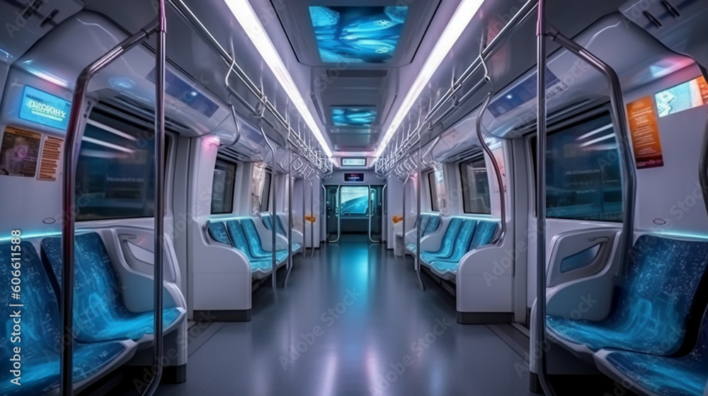 Fototapeta premium The interior of the metro train compartment, with bright lights, clean aesthetic, future style, AI generative