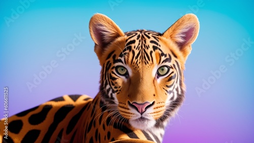 Fényképezés A Beautiful Tiger With A Blue Eye And A Purple Background