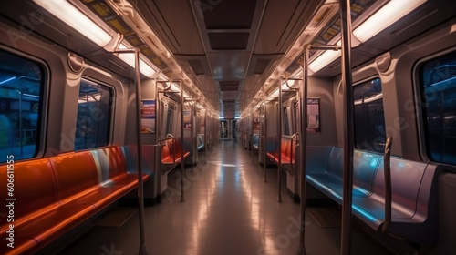 The interior of the metro train compartment  with bright lights  clean aesthetic  future style  AI generative