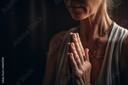 an older woman praying with her hands clasped in the air, she is wearing a white tank top and gold necklace. Generative Ai photo