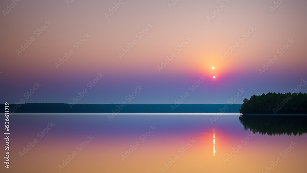 A Tasteful Sunset Over A Calm Lake With A Small Island