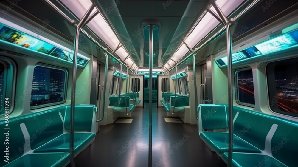 The interior of the metro train compartment, with bright lights, clean aesthetic, future style. AI generative