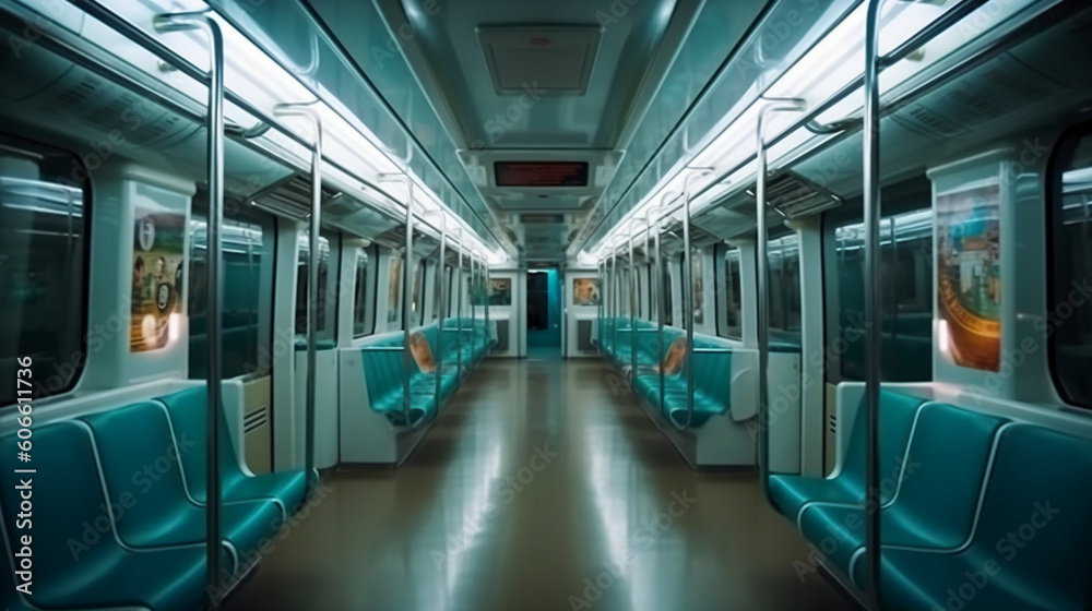 The interior of the metro train compartment, with bright lights, clean aesthetic, future style. AI generative