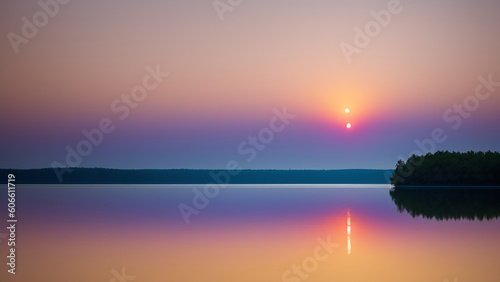 A Tasteful Sunset Over A Calm Lake With A Small Island © Cameron Schmidt