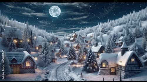Santa's village in a valley in Christmas night, romantic night sky and moon. AI image