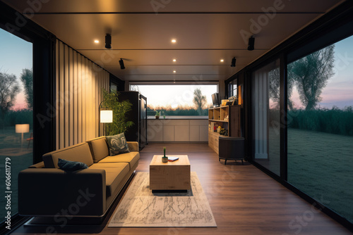 Minimal and modern interior of container house  Generative Ai