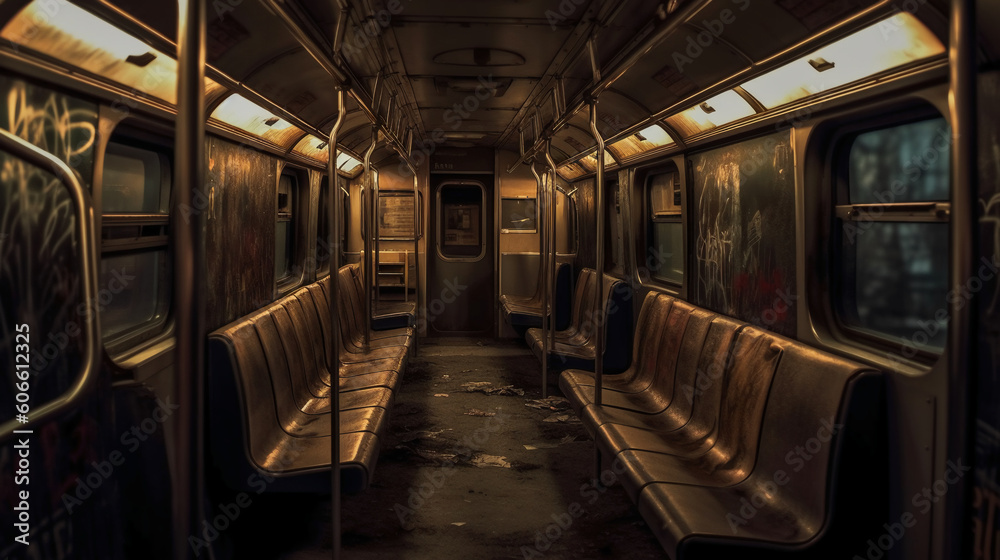 Naklejka premium The interior of the metro train compartment, with dark lights, dirty aesthetic, apocalypse. AI generative
