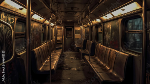The interior of the metro train compartment, with dark lights, dirty aesthetic, apocalypse. AI generative