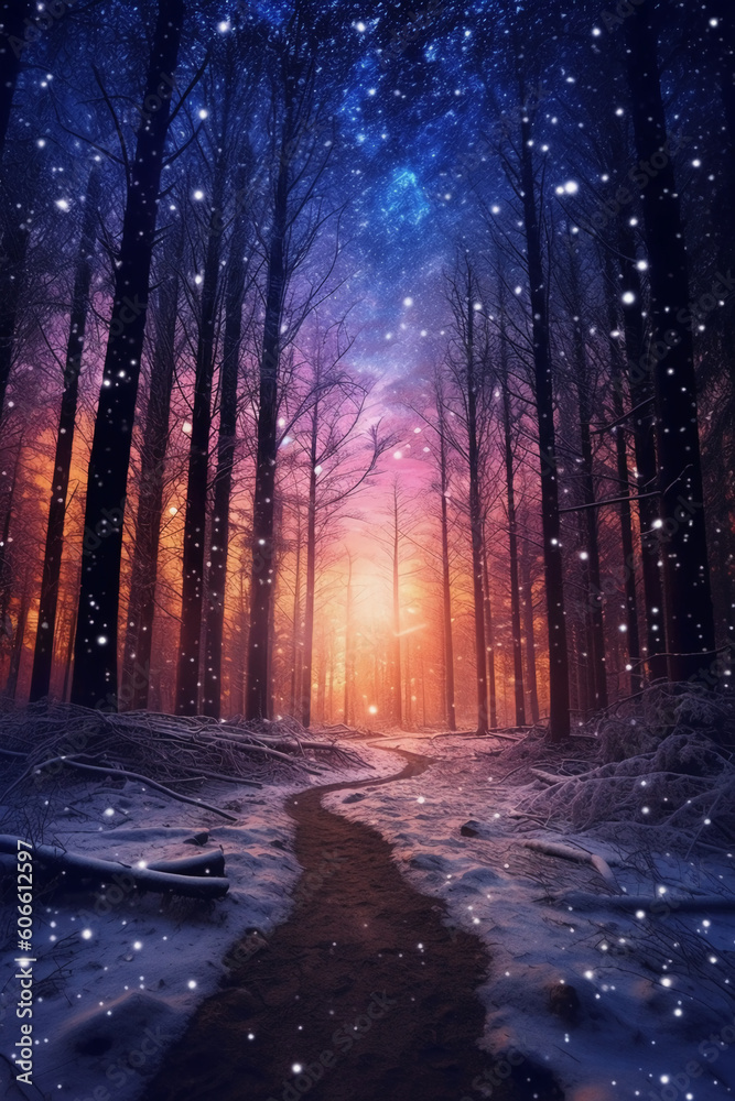 Winter forest at dusk background. AI genrative