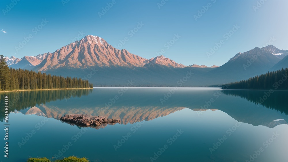 A Colorful Picture Of A Mountain Reflected In A Lake With Trees