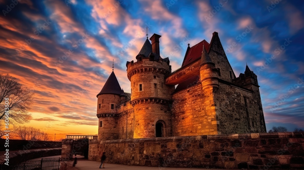beautiful twilight sky above a historic castle generative ai