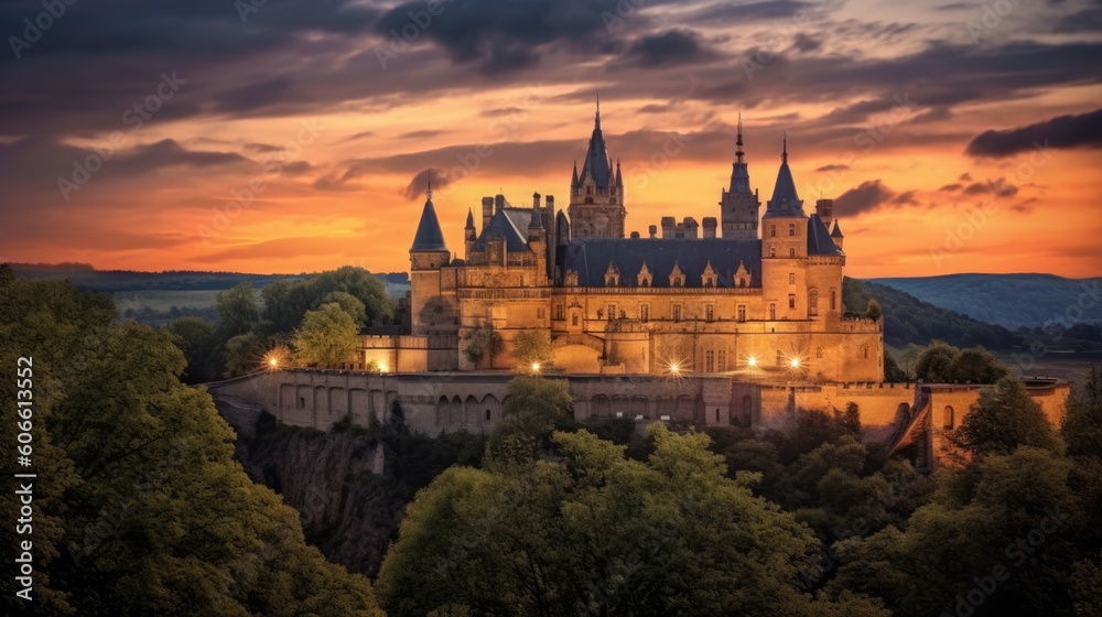 beautiful twilight sky above a historic castle generative ai - obrazy, fototapety, plakaty 