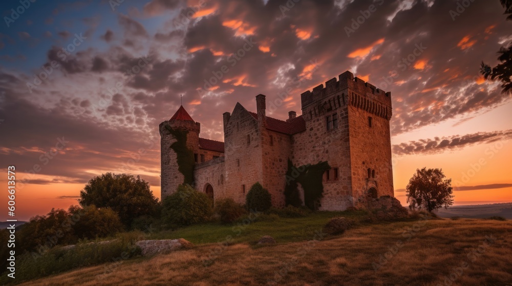 beautiful twilight sky above a historic castle generative ai