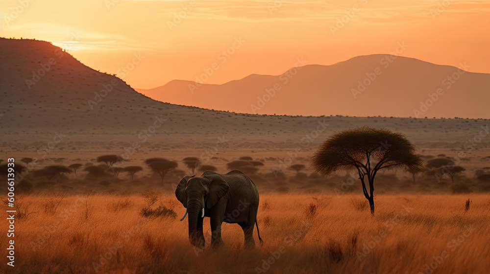 an elephant standing in the grass at sunset, with mountains in the background and orange light from the setting sun. Generative Ai