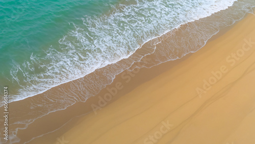 The ocean and beach with Copy space, panoramic view of the sandy beach. The sea wave rolls on the shore. Sea coast view from the air. generative ai