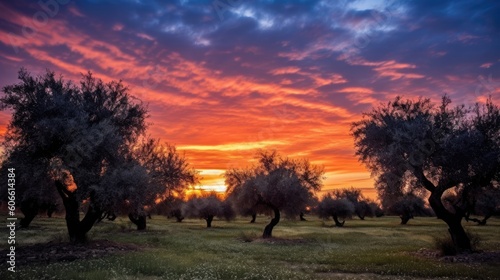 beautiful twilight sky above in an olive grove generative ai