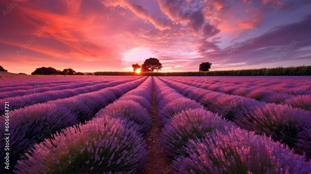 Fototapeta premium beautiful twilight sky in a lavender field generative ai