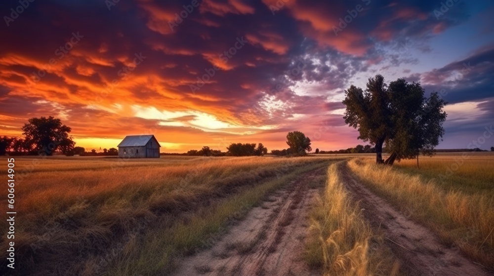 beautiful twilight sky in a rural countryside generative ai