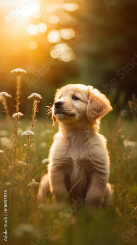 Golden retriever dog in a sunny spring meadow
