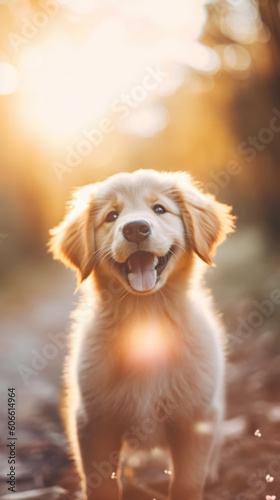 Golden retriever dog in a sunny spring meadow