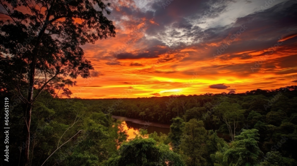beautiful twilight sky in a tropical rainforest generative ai
