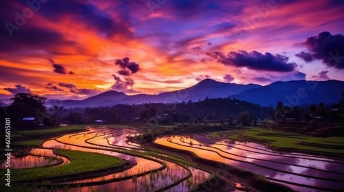 beautiful twilight sky in a terraced rice field generative ai