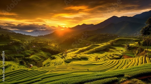beautiful twilight sky in a terraced rice field generative ai
