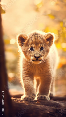 Close up of lion cub Panthera leo staring at camera