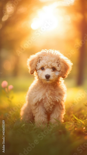 Poodle Puppy dog in a sunny spring meadow